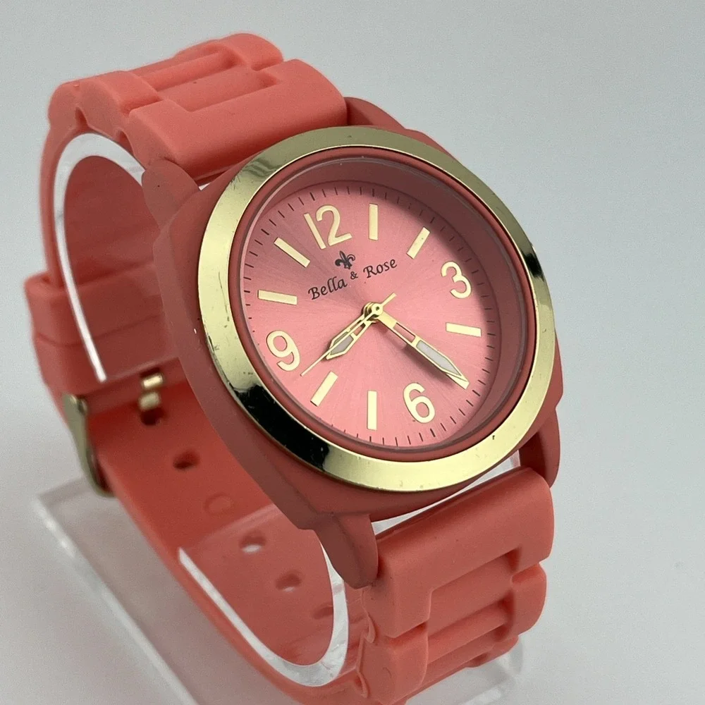 Bella & Rose Watch Women 40mm Case‎ Pink Silicone Band- New Battery